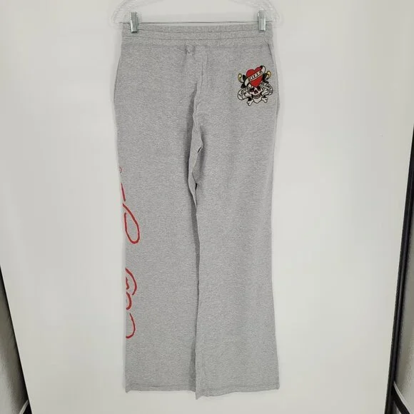 Ed hardy by Christian Audigier womens large gray spellout love heart sweatpants